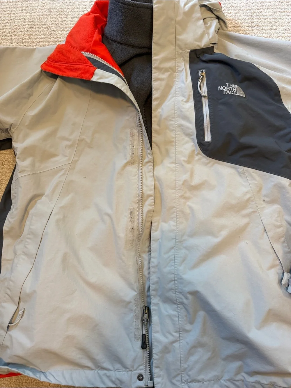 The North Face Men's 3-in-1 Gray Coat with Orange Lining and fleeced interior
